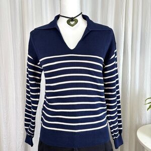 & Other Stories Navy and White V-Neck Sweater